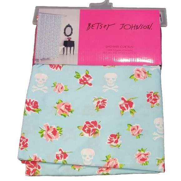 Betsey Johnson Fabric Shower Curtain Skull Baby Blue Multi-Color 72" x 72" NEW - Picture 1 of 3